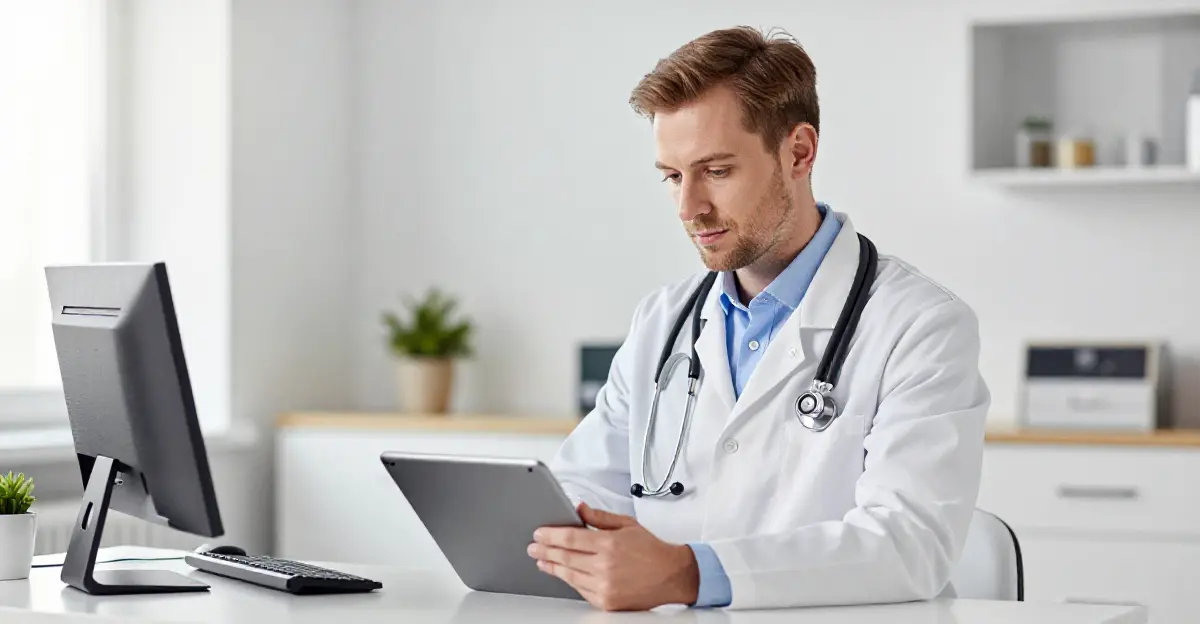 Arzt nutzt ChatGPT for Clinicians auf Tablet im Krankenhaus