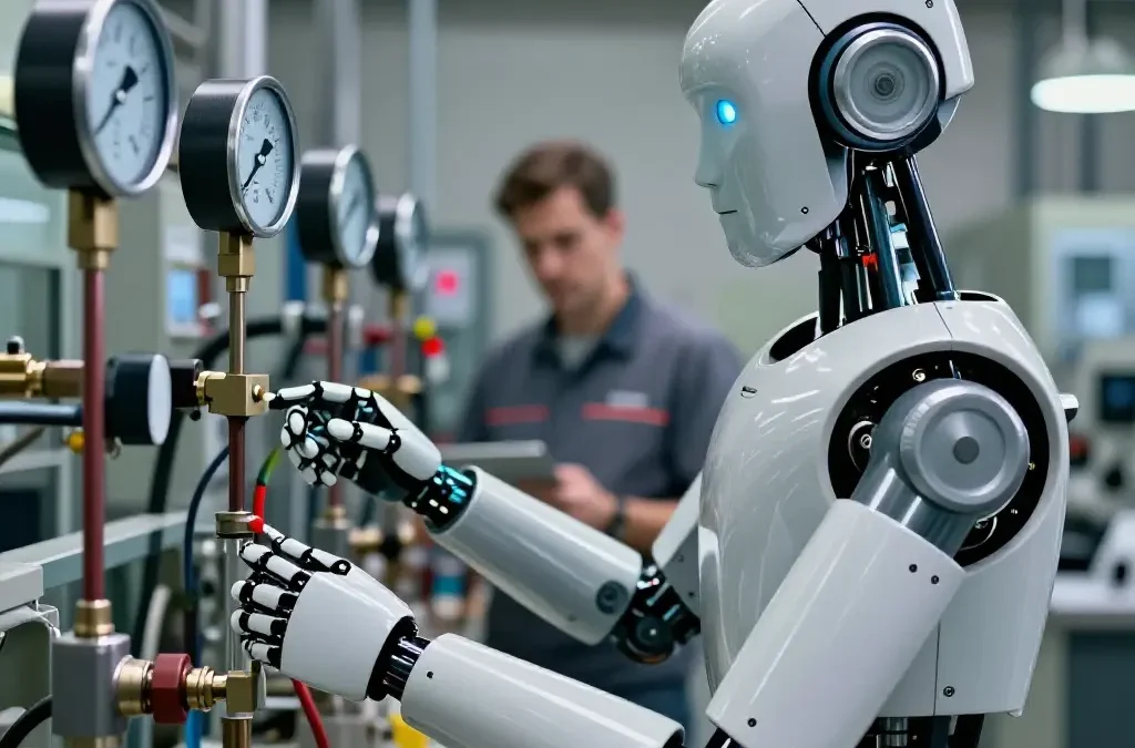 Zukunftsroboter in einer Industrieanlage der Druckmessgeräte abliest, professionelle Technikfotografie