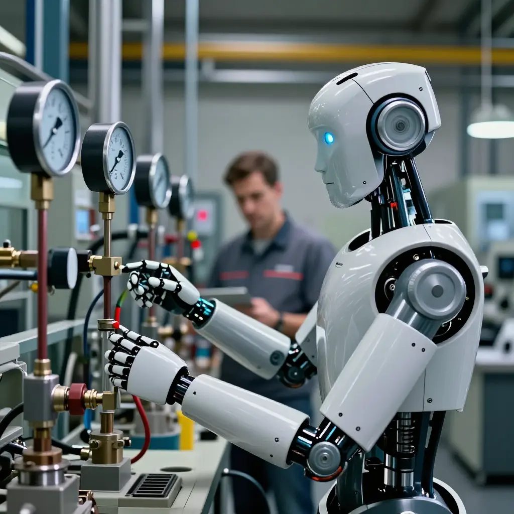 Zukunftsroboter in einer Industrieanlage der Druckmessgeräte abliest, professionelle Technikfotografie