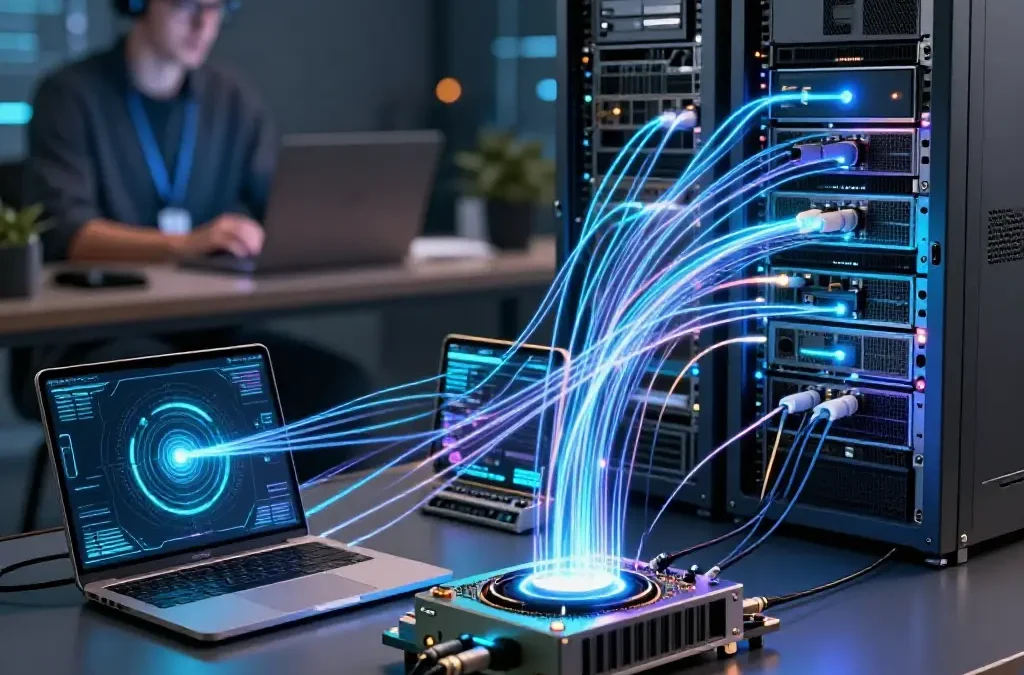 KI-Modell-Visualisierung auf verschiedenen Hardware-Plattformen – Smartphone, Laptop-GPU und Server-Rack