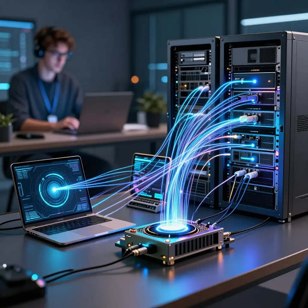 KI-Modell-Visualisierung auf verschiedenen Hardware-Plattformen – Smartphone, Laptop-GPU und Server-Rack