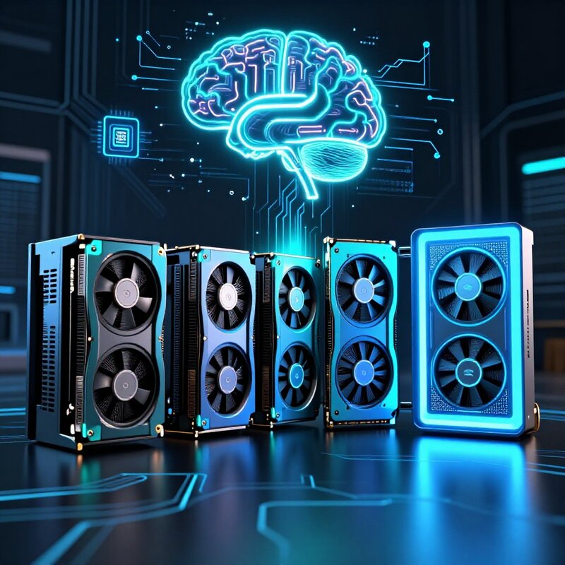 Server Rack mit mehreren GPU-Karten und neuronalem Netzwerk – Lokale LLMs mit 128 GB VRAM