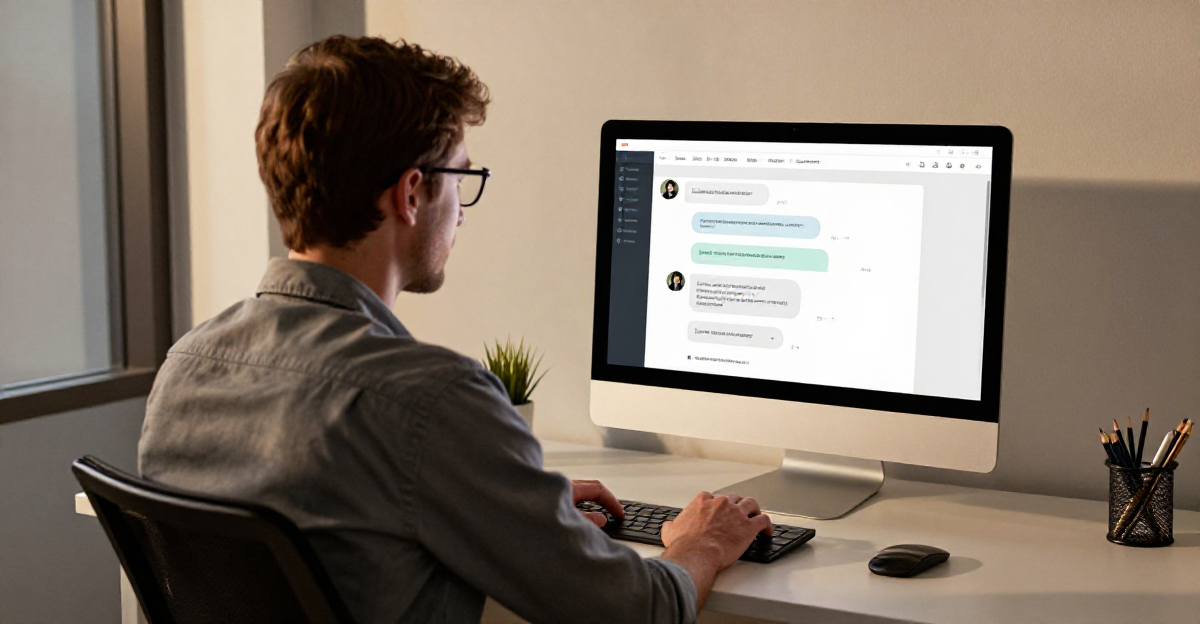 Mann am Computer mit Chat-Fenster – Ollama lokale KI-Modelle