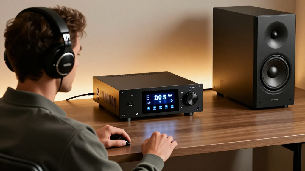 Mann mit Over-Ear-Kopfhörern sitzt am Schreibtisch, im Hintergrund ein Luxsin X8 DAC-Kopfhörerverstärker mit Touchdisplay