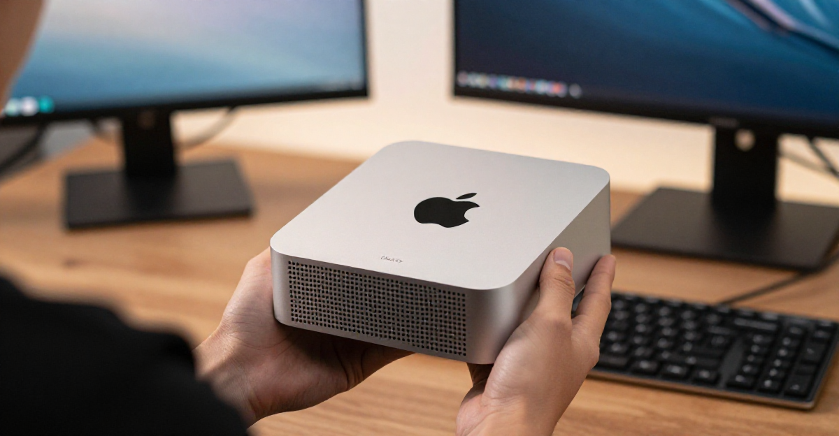 Person hält einen Apple Mac Mini in der Hand als OpenClaw AI Server